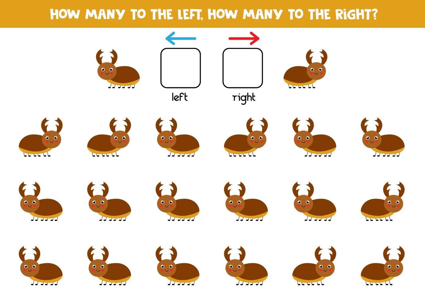 links oder rechts mit süßem Hirschkäfer. logisches Arbeitsblatt für Kinder im Vorschulalter. vektor