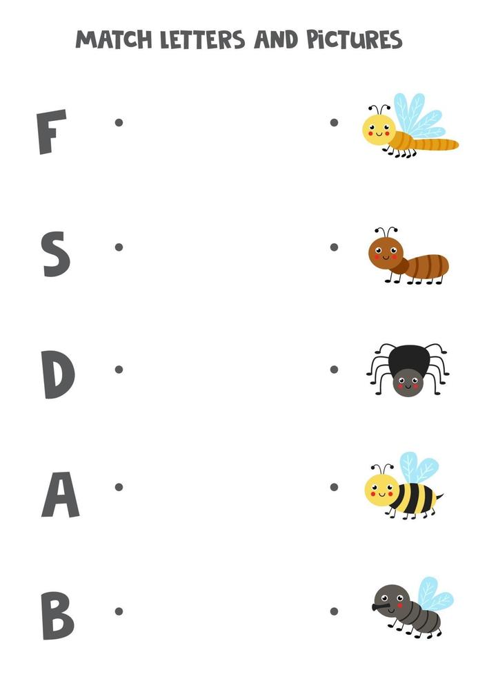 matcha söta insekter och bokstäver. pedagogiskt logiskt spel för barn. ordförrådets kalkylblad. vektor