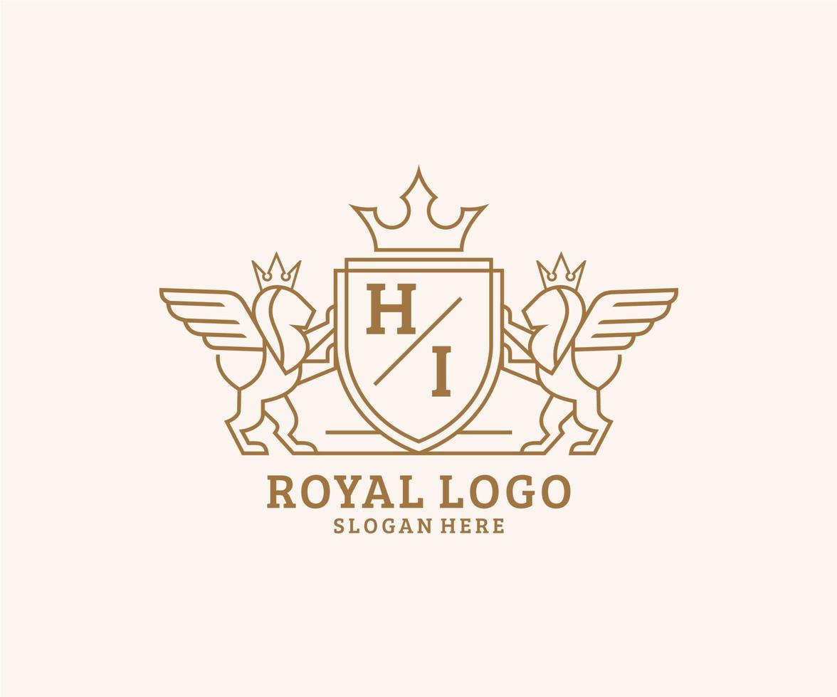 första Hej brev lejon kunglig lyx heraldisk, vapen logotyp mall i vektor konst för restaurang, kungligheter, boutique, Kafé, hotell, heraldisk, Smycken, mode och Övrig vektor illustration.