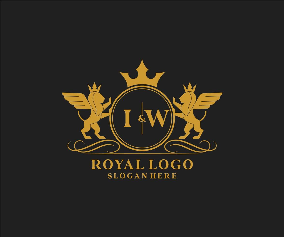första i W brev lejon kunglig lyx heraldisk, vapen logotyp mall i vektor konst för restaurang, kungligheter, boutique, Kafé, hotell, heraldisk, Smycken, mode och Övrig vektor illustration.