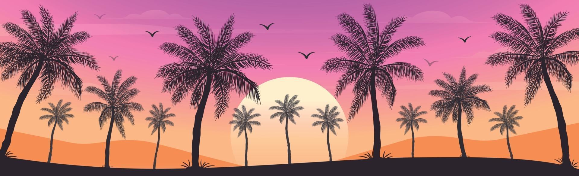solnedgång på stranden med palmer vektor