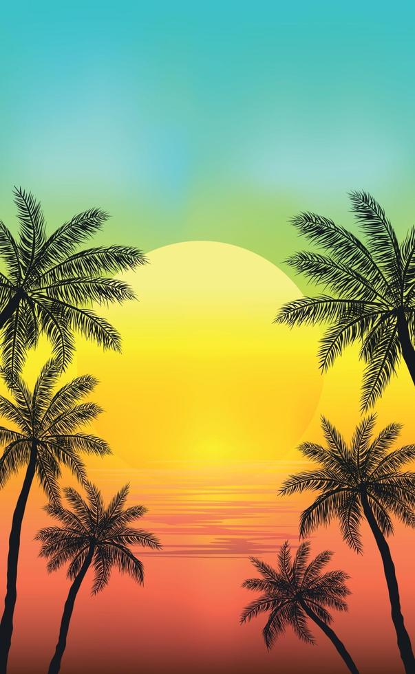 solnedgång på stranden med palmer vektor
