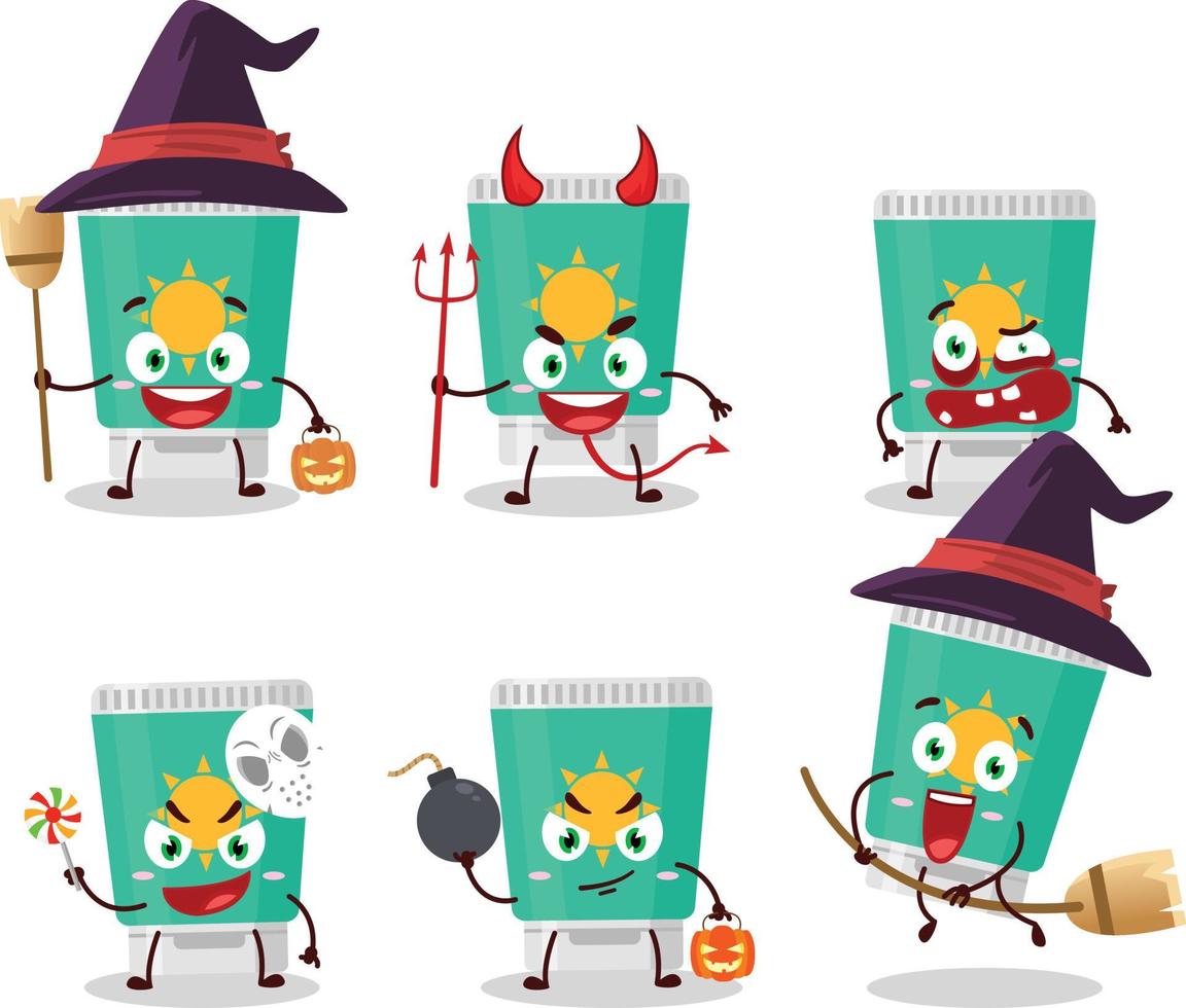 Halloween Ausdruck Emoticons mit Karikatur Charakter von Sonnencreme vektor