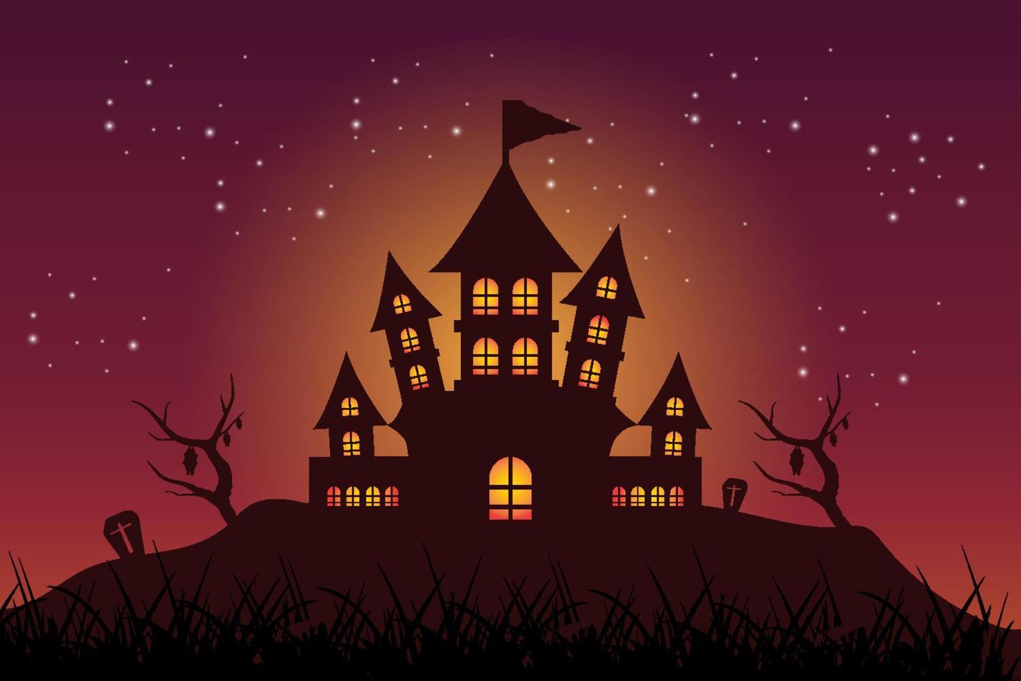 Halloween Hintergrund eben Design mit alt Gebäude beim Nacht vektor