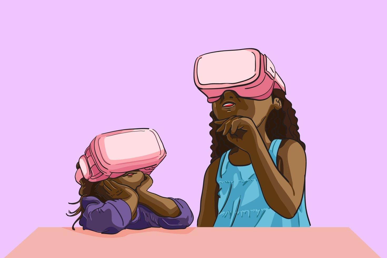små flickor som bär virtual reality-enhet vr barn lär sig hur man använder vr-enhet och intressant student som studerar vr i fantasi, innehåll för bidragsgivare platt vektorillustration. vektor