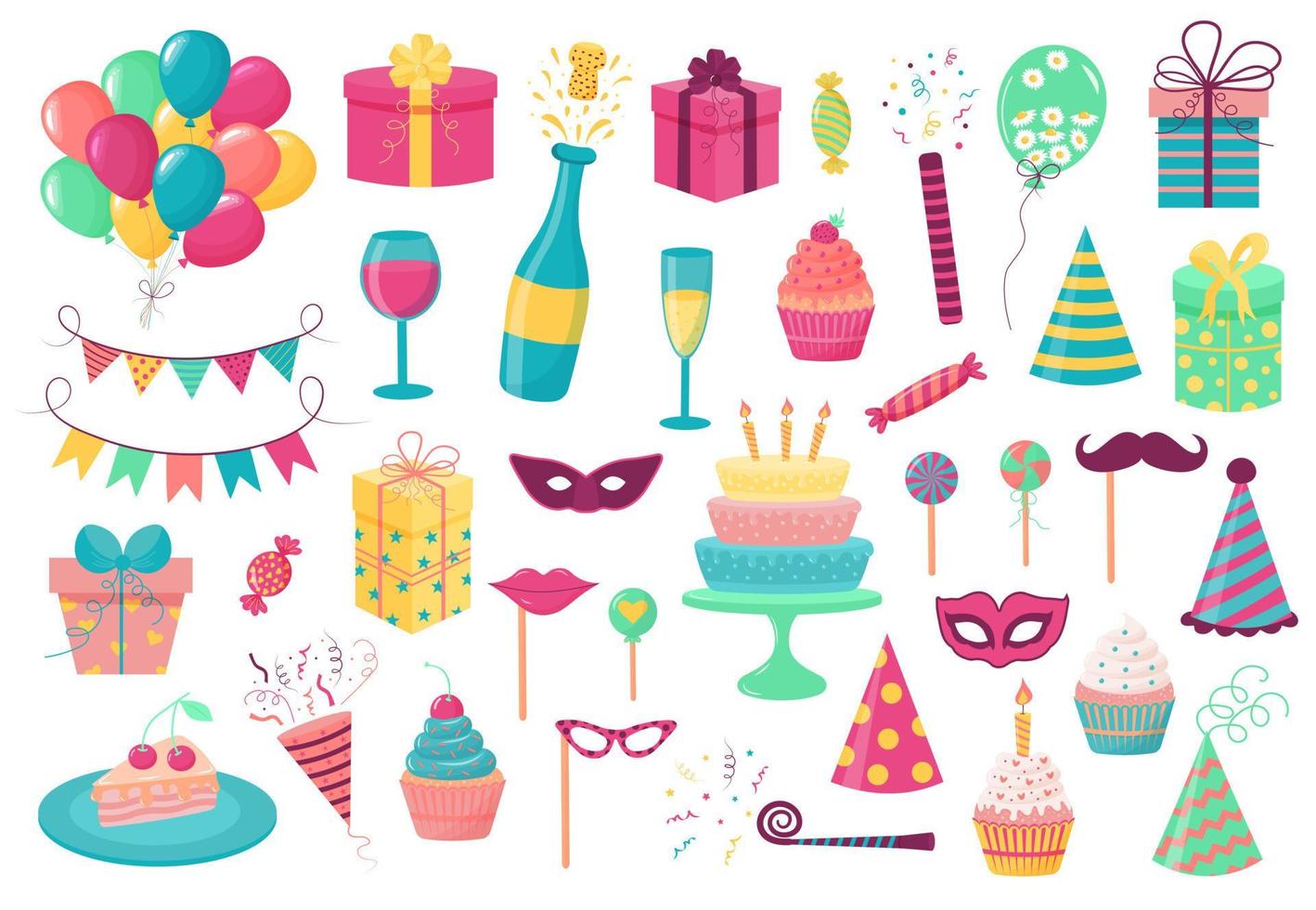 firande, fest, födelsedag, årsdag, Semester, händelse, karneval ikoner uppsättning. vektor