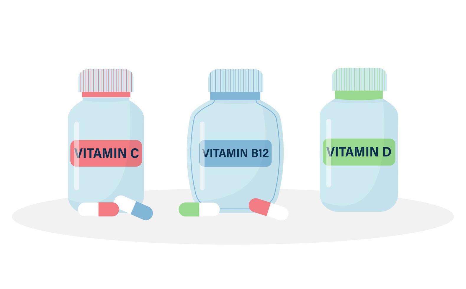 Flaschen mit Vitamin Pillen. Plastik medizinisch Behälter. Gesundheitswesen und Apotheke. vektor