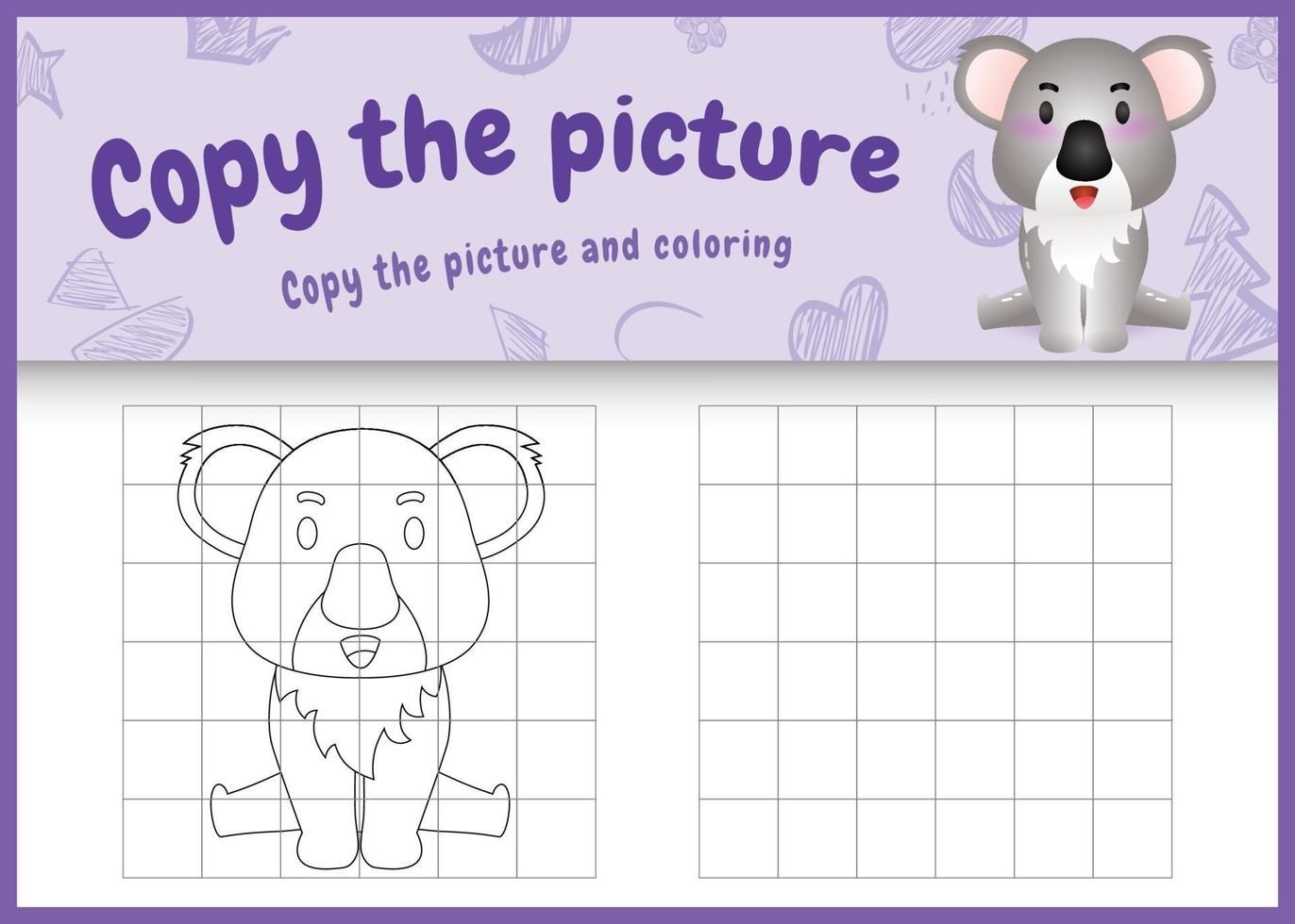 Kopieren Sie das Bild Kinderspiel und Malvorlagen mit einer niedlichen Koala-Charakterillustration vektor