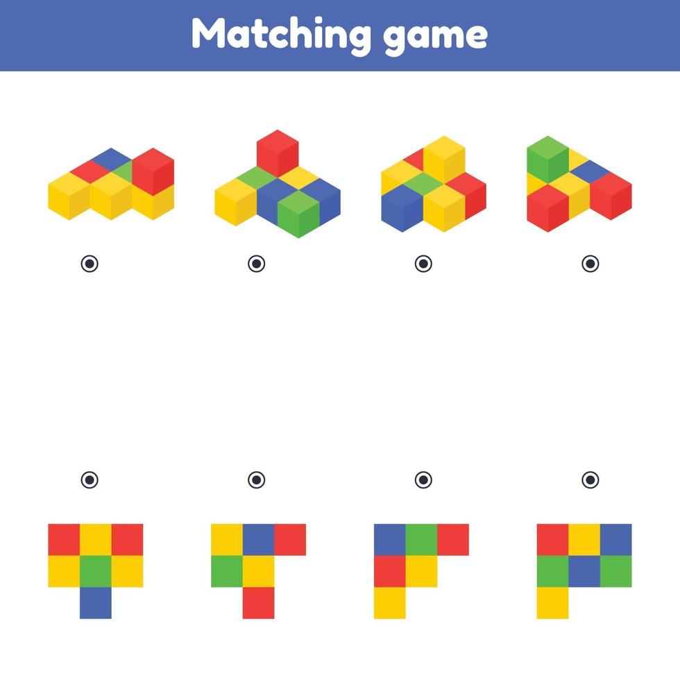 Finde die Draufsicht. Matching-Spiel. Farbwürfel. Arbeitsblatt für Kinder Kindergarten, Vorschule und Schulalter. vektor