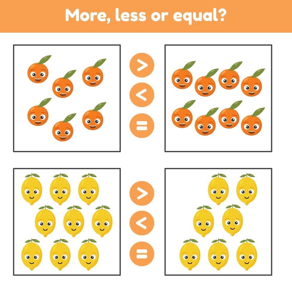 mer, mindre eller lika. pedagogiskt matematikspel för barn i förskolan och skolåldern. frukter. citroner och apelsiner. vektor