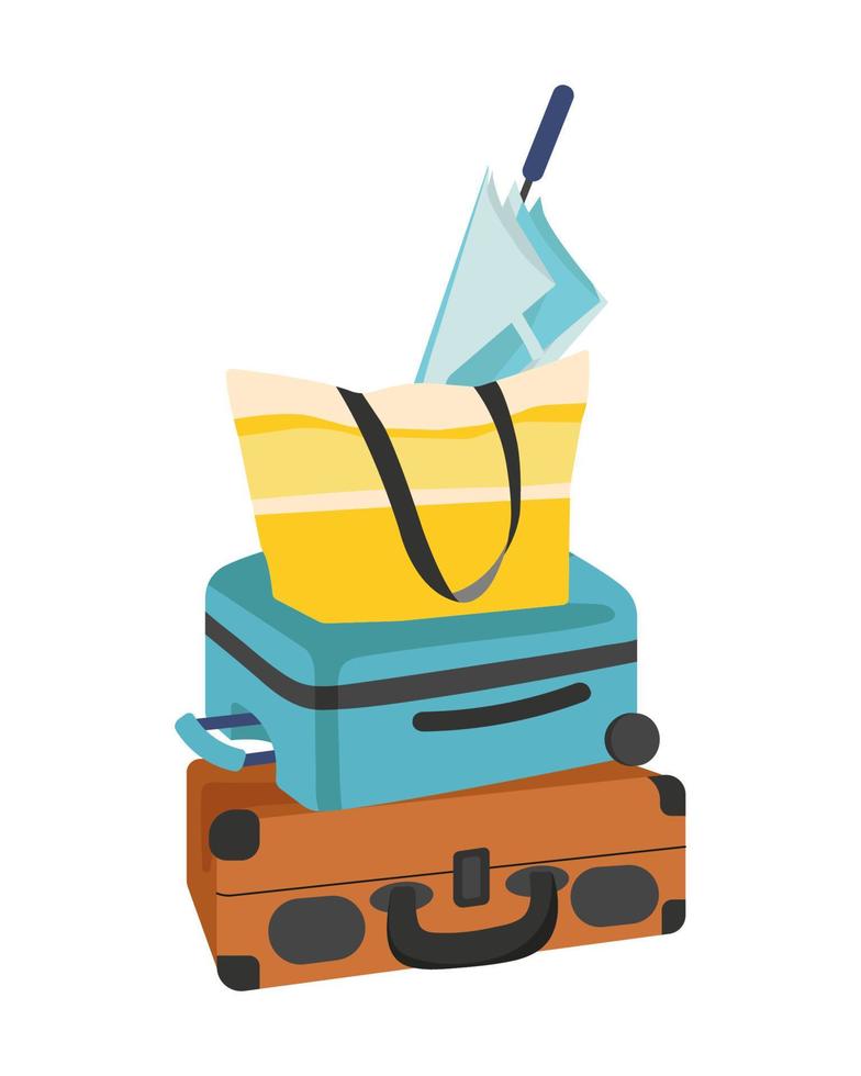 turist resväskor är staplade på topp av varje Övrig. väska och paraply. resa attribut för semester. platt vektor illustration.