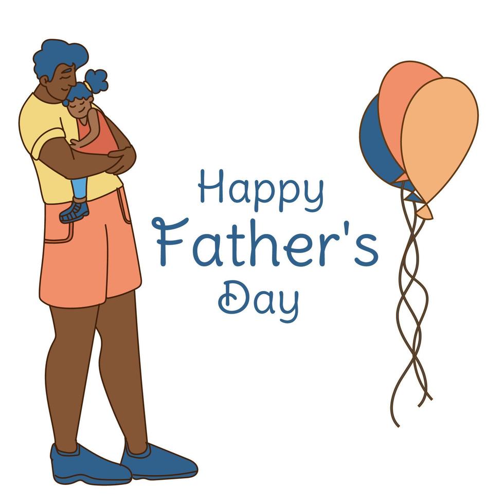 Lycklig far s dag hälsning kort. pappa bär hans dotter i hans vapen glad tecknad serie tecken. vektor illustration