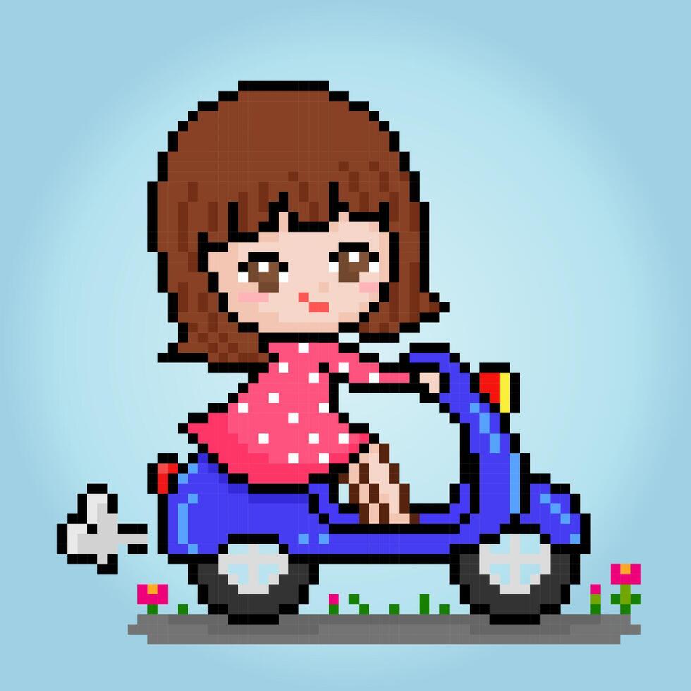 8 bit pixel kvinnor ridning motorcyklar. tecknad serie flickor i vektor illustrationer för spel tillgångar eller korsa söm mönster.