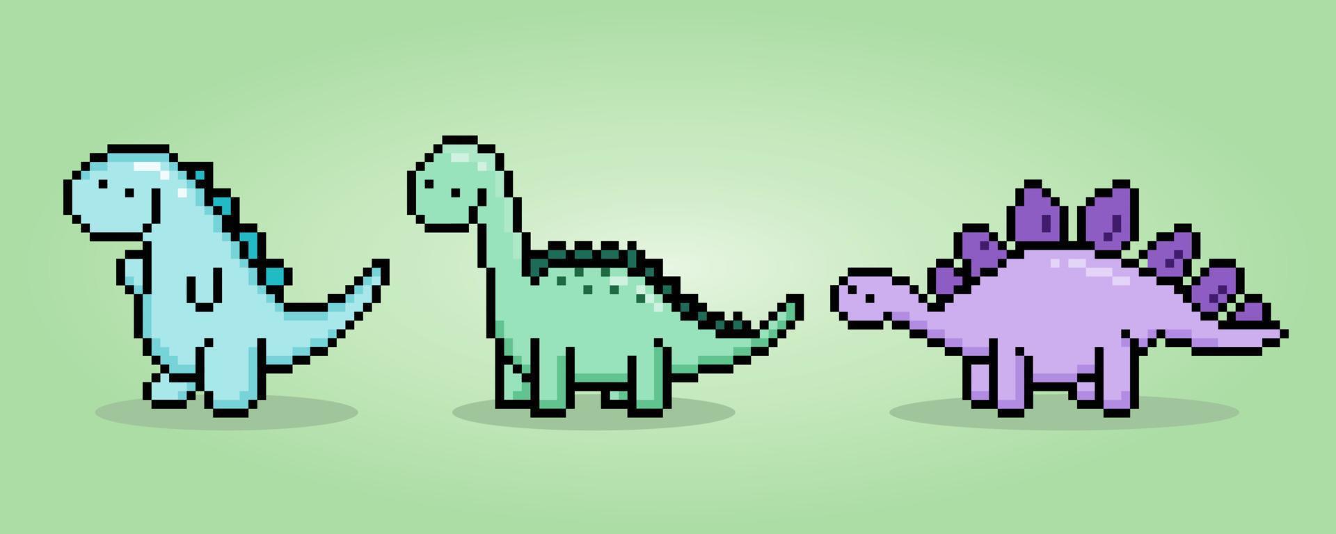 8 bit pixlar dinosaurie t Rex, brontosaurus, och stegosaurus. djur i vektor illustrationer