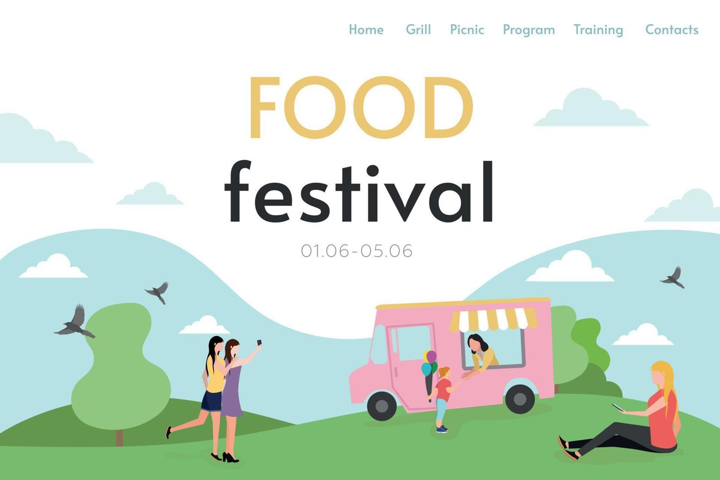 webbplats rubrik. helgen. människor är vilar på de mat festival. vektor. vektor