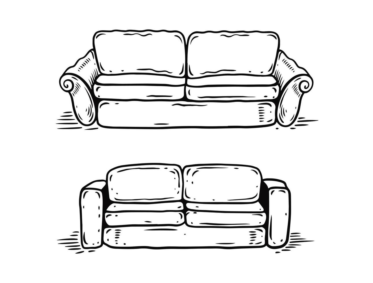 Hand gezeichnet Gekritzel Sofa Vektor Illustration Satz. schwarz Farbe Gliederung skizzieren.