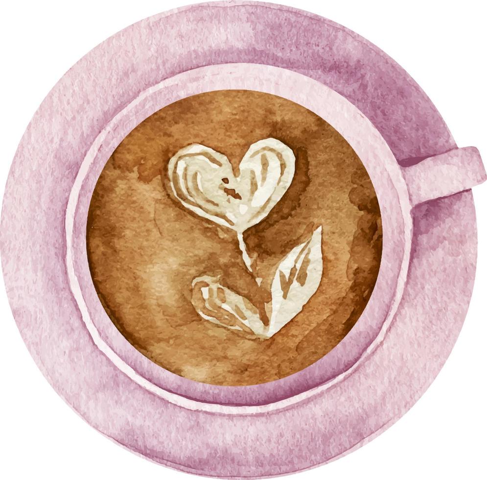 Aquarell Tasse von Kaffee mit Herz Muster im ein Rosa Tasse oben Aussicht vektor