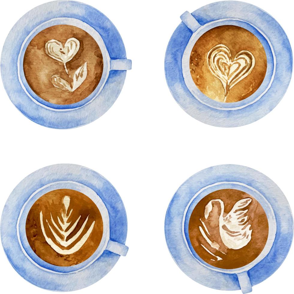 Aquarell einstellen von Blau Kaffee Tassen mit Herz Zeichen und Latté Kunst oben Aussicht Sammlung isoliert auf Weiß Hintergrund. vektor
