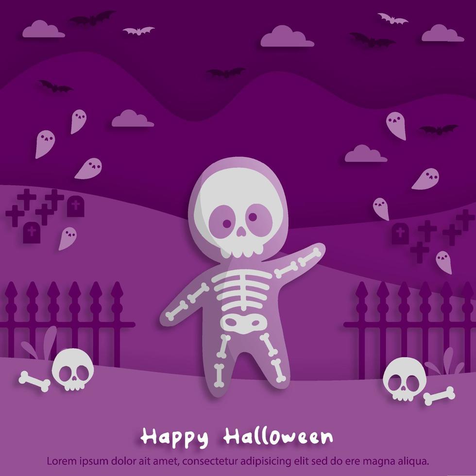 lycklig halloweenfest i papperskonststil med barn som bär en skelettspökdräkt. gratulationskort, affischer och tapeter. vektor illustration.