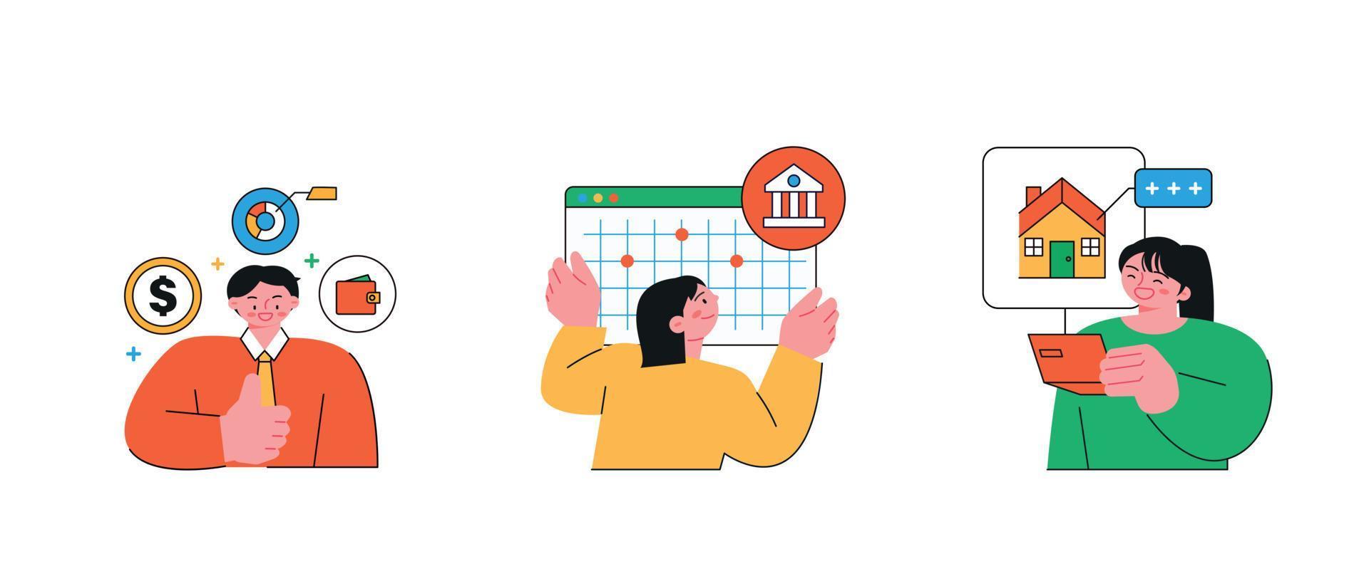 finansiera och människor, konton för hushåll ekonomisk tillväxt, investering planen förvaltning. planera, verklig egendom, ikon. vektor illustration.