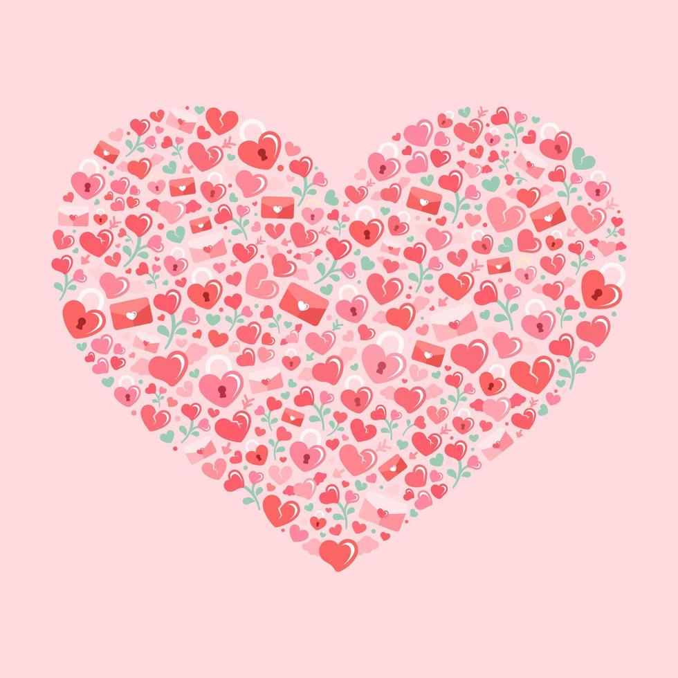 Valentinstag Tag Karte Design. eben modern Symbole Gekritzel Collage geformt in ein Herz Illustration. romantisch Liebe thematisch Etikett, Schild, Karte, drucken vektor