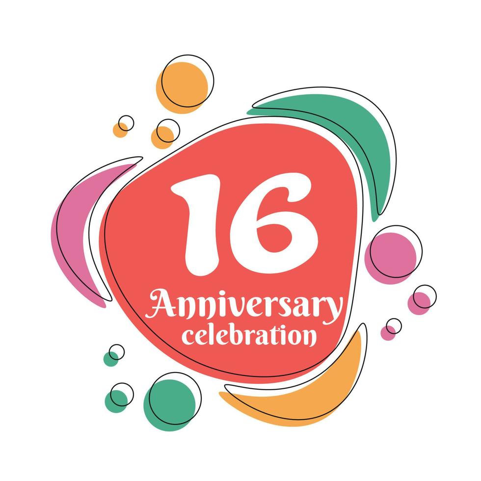 16: e årsdag firande logotyp färgrik design med bubblor på vit bakgrund abstrakt vektor illustration