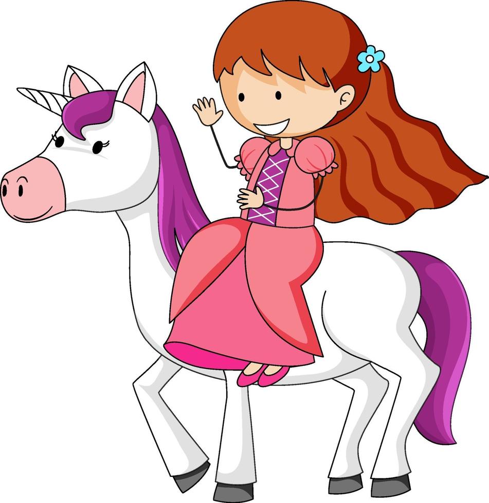 einfache Zeichentrickfigur einer Prinzessin, die ein Einhorn reitet, isoliert vektor