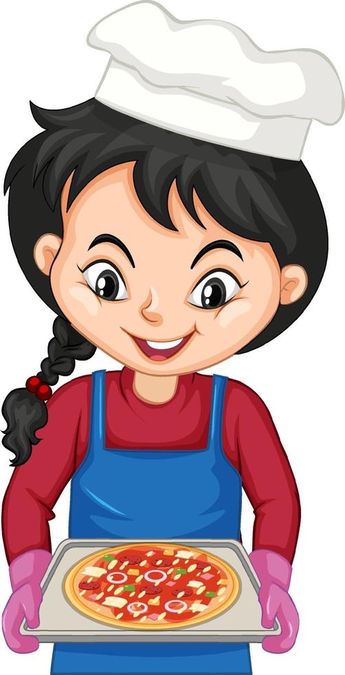 Kochmädchen-Zeichentrickfigur mit Pizzatablett vektor