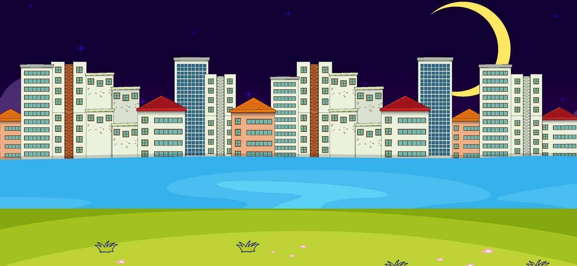 horizontale Szene mit Fluss und Stadtbild am Nachthintergrund vektor