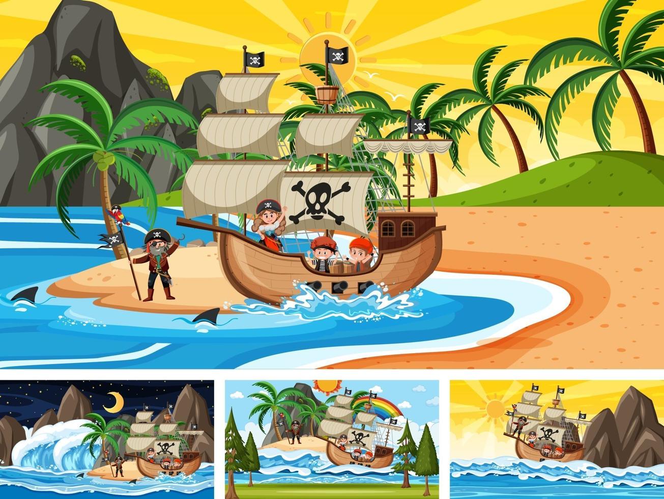 uppsättning av olika strandscener med piratskepp och pirattecknad karaktär vektor