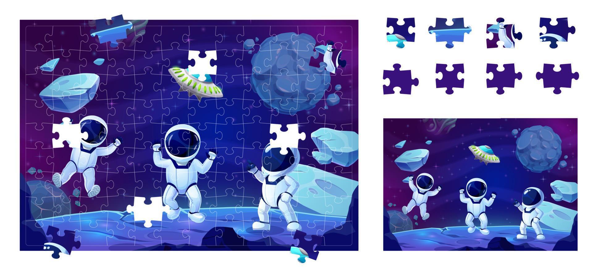 Plats kontursåg pussel spel bitar tecknad serie astronauter vektor
