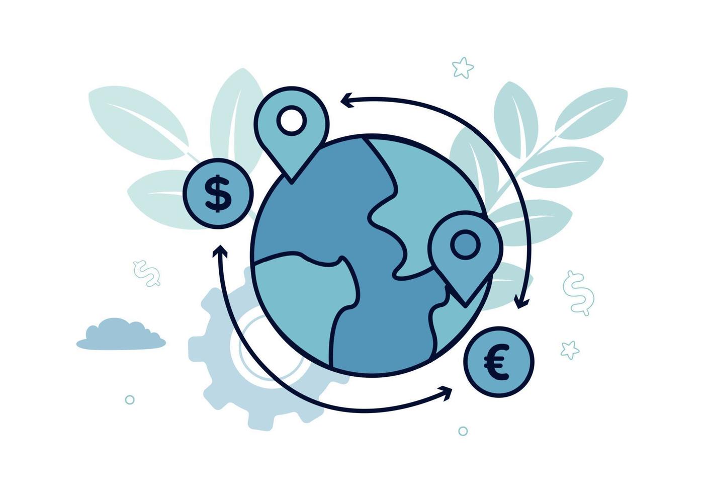 finansiera. vektor illustration av pengar överföringar. på de planet där är plats ikoner, nära dem är dollar och euro mynt, runt om de planet där är pilar i två vägbeskrivning till de mynt