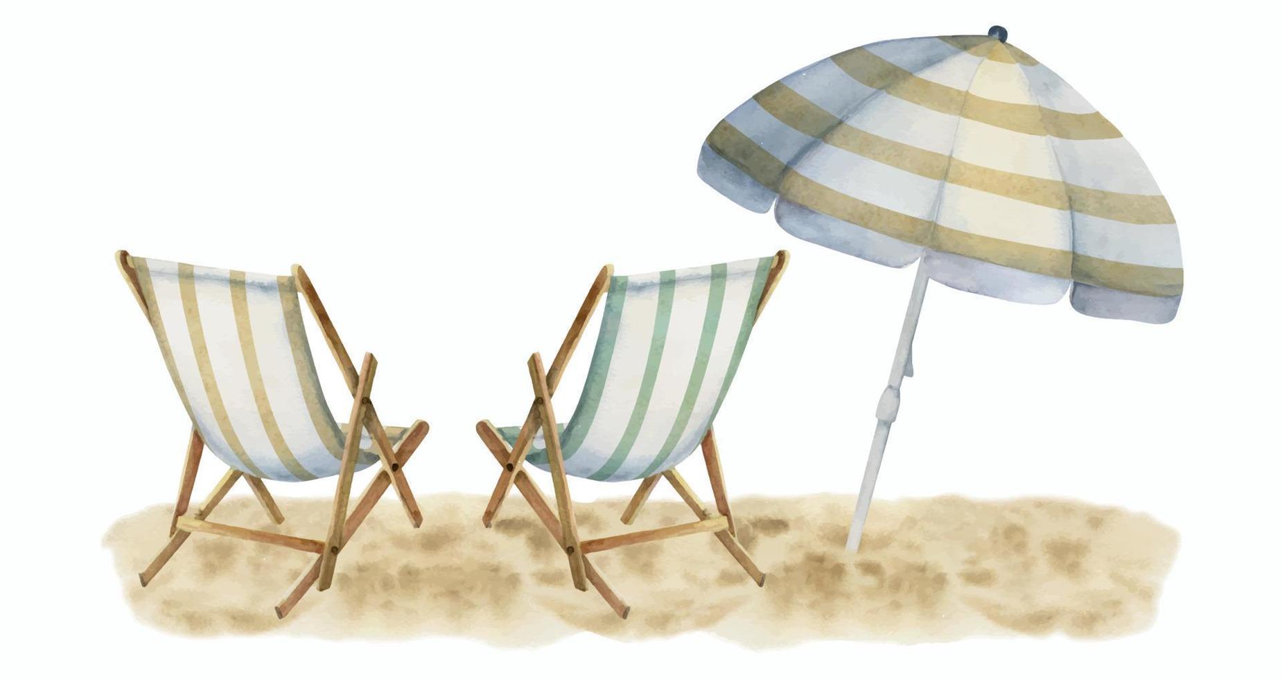 hand dragen vattenfärg sammansättning. randig strand Tillbehör, paraplyer och stolar på sand. isolerat på vit bakgrund. design vägg konst, bröllop, skriva ut, tyg, omslag, kort, turism, resa häfte. vektor