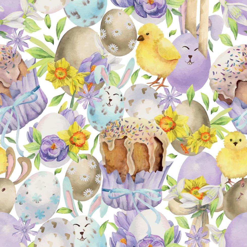 vattenfärg hand dragen påsk firande ClipArt. sömlös mönster med målad ägg, pilbågar, blommor. pastell Färg. isolerat på vit bakgrund. för inbjudningar, gåvor, hälsning kort, skriva ut, textil- vektor