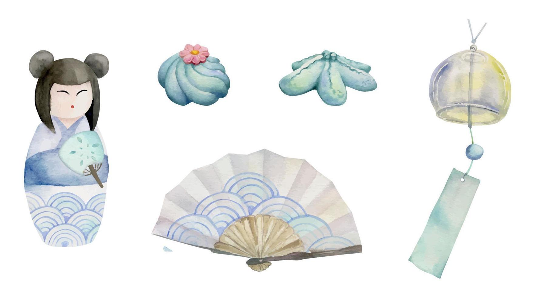 vattenfärg hand dragen uppsättning av traditionell japansk sötsaker. sommar wagashi, fans, kokeshi dockor. isolerat på vit bakgrund. design för inbjudningar, restaurang meny, hälsning kort, skriva ut, textil. vektor