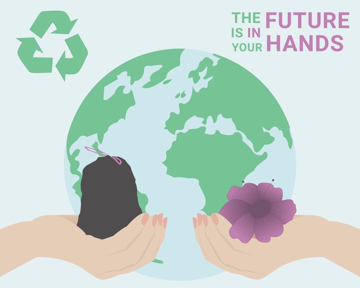 menschliche Hände halten einen Müllsack und eine Blume. Konzept Recycling Illustration. Perfekt für Internetpublikationen oder zum Drucken. vektor