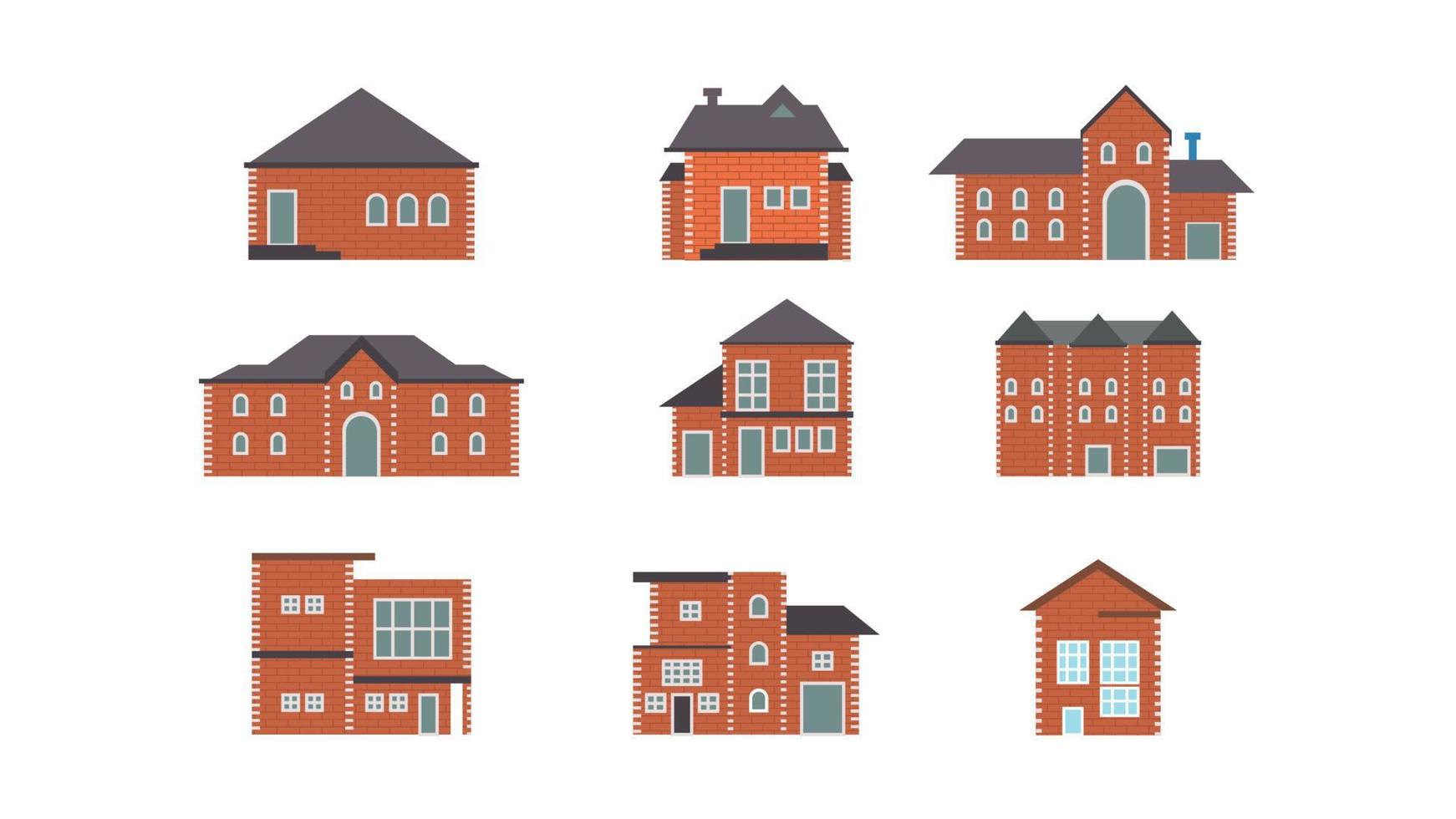 tegel hus byggnad uppsättning med färger. byar urban hem vektor. vektor