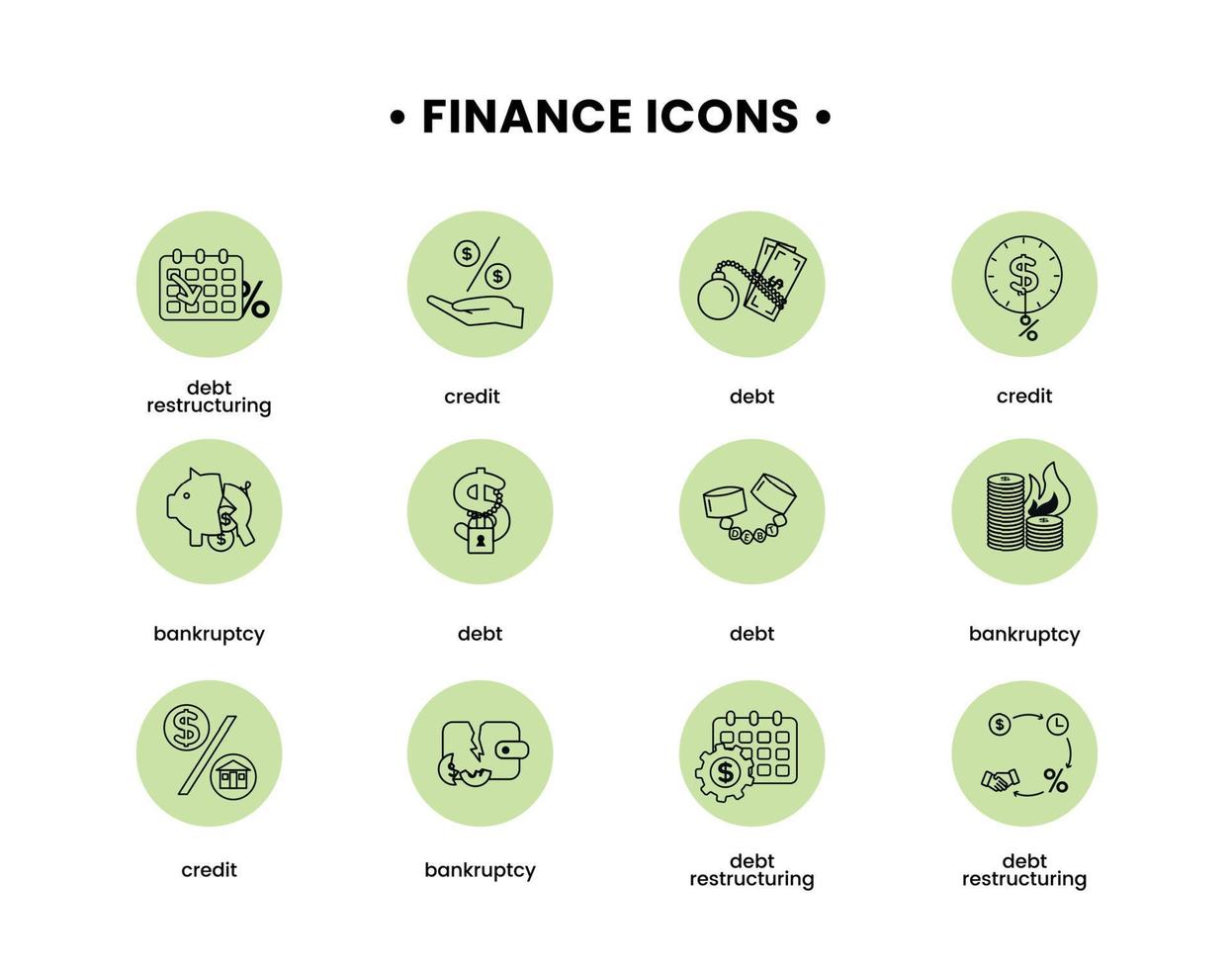 Finanzen. Vektor Illustration einstellen von Symbole Schulden, Schuld Umstrukturierung, Konkurs, Kredit.