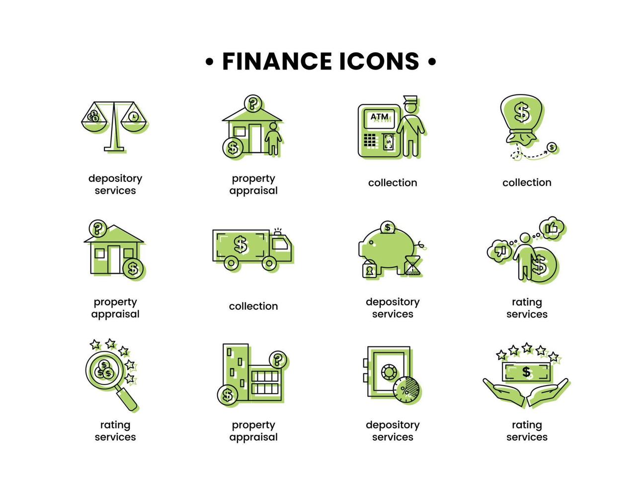 finansiera. vektor illustration uppsättning av ikoner depositarie tjänster, fast egendom värdering, betyg tjänster, samling.