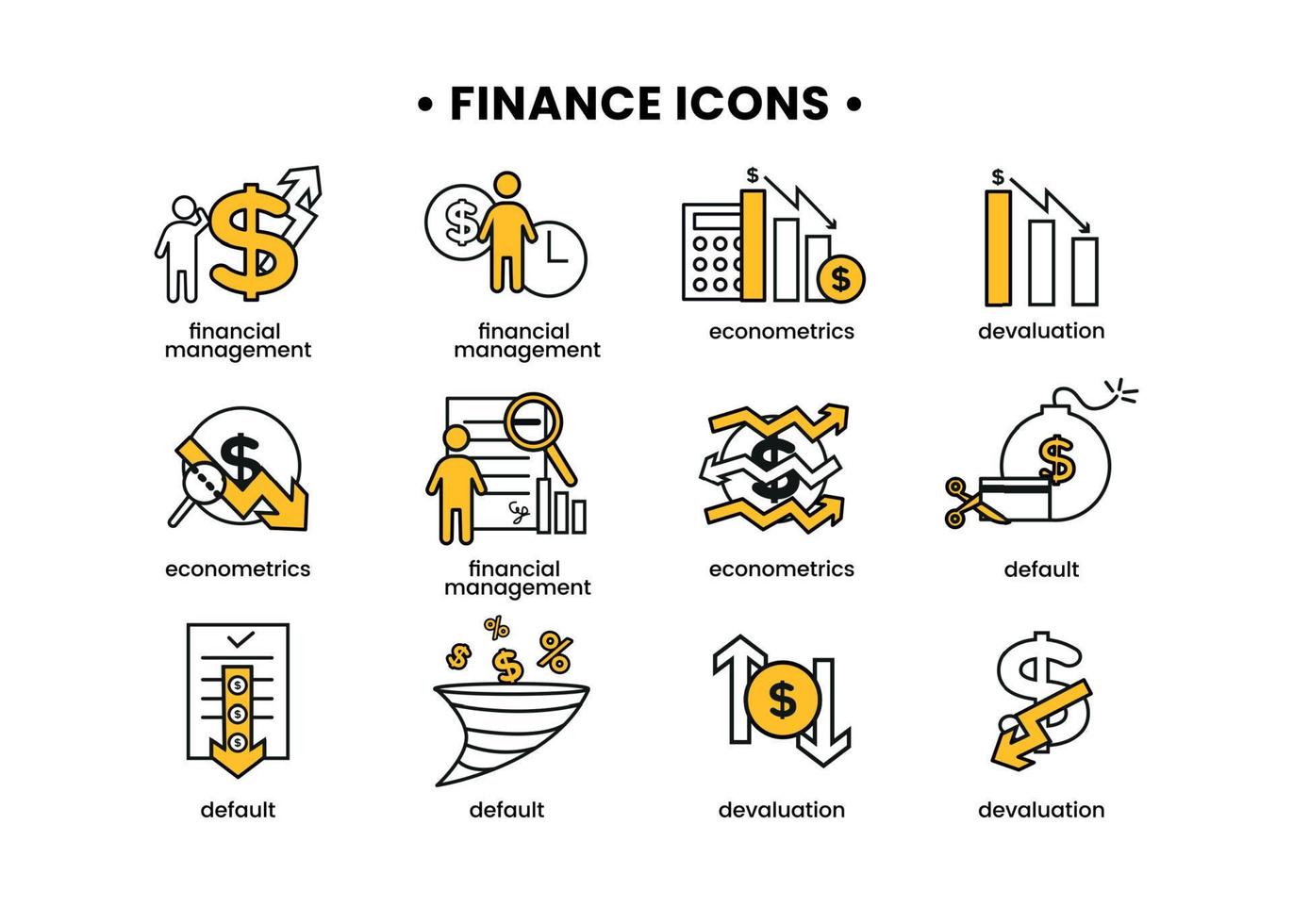 Finanzen Symbole Satz. Vektor Illustration von finanziell Management, Ökonometrie, Abwertung, Standard. ein Dollar Zeichen, Nächster zu welche ist das Silhouette von ein Mann, gefolgt durch ein oben Pfeil.