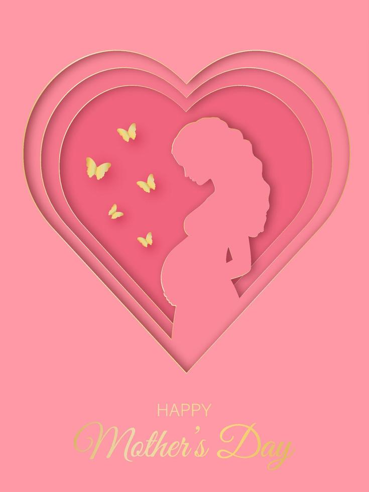 Lycklig mors dag hälsning kort i papper skära stil. skön gravid kvinna och gyllene fjärilar på en rosa bakgrund. vektor
