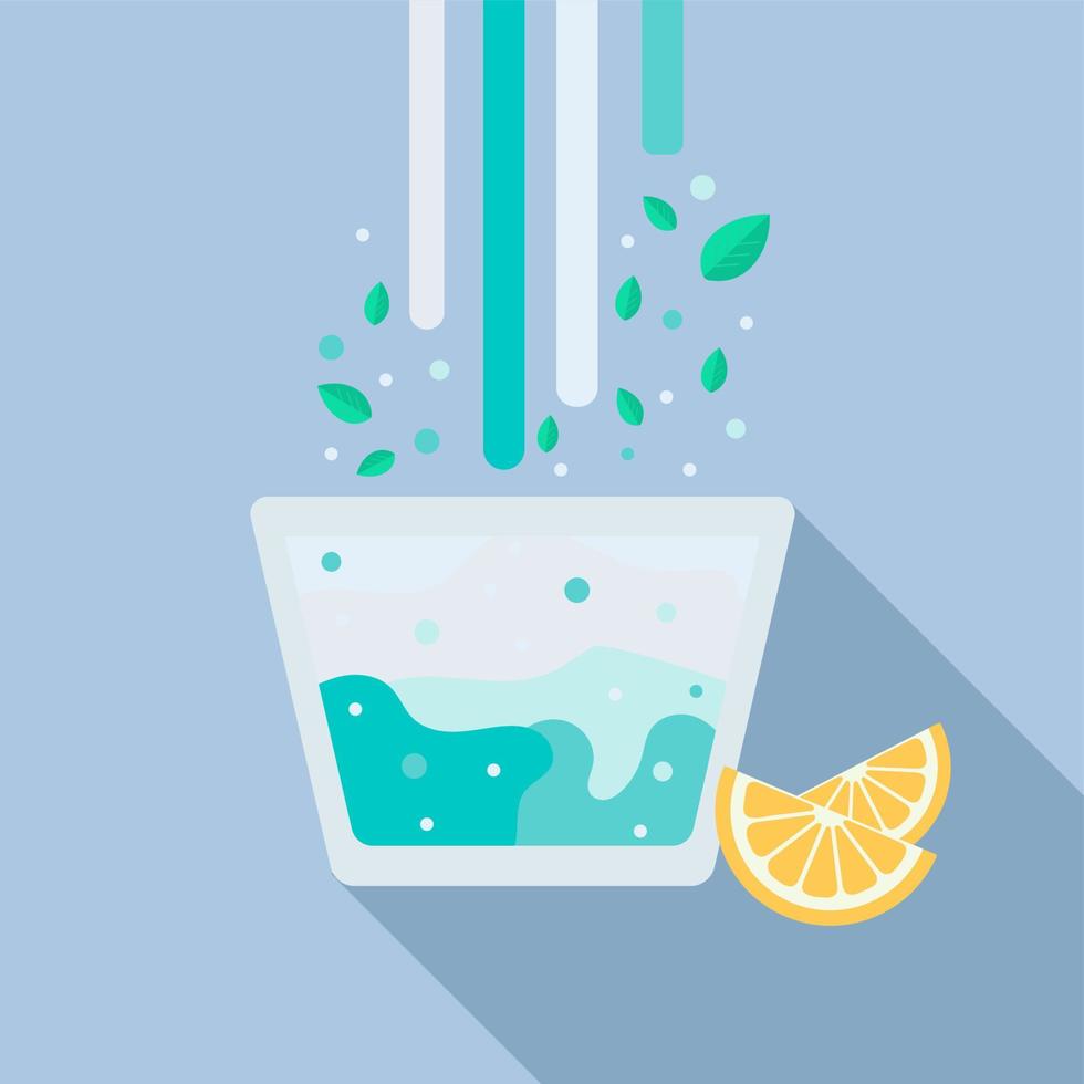 ikon, klistermärke, illustration. glas med citron- och mynta cocktail med bubblor på blå bakgrund. sommar, cocktail, frukt vektor