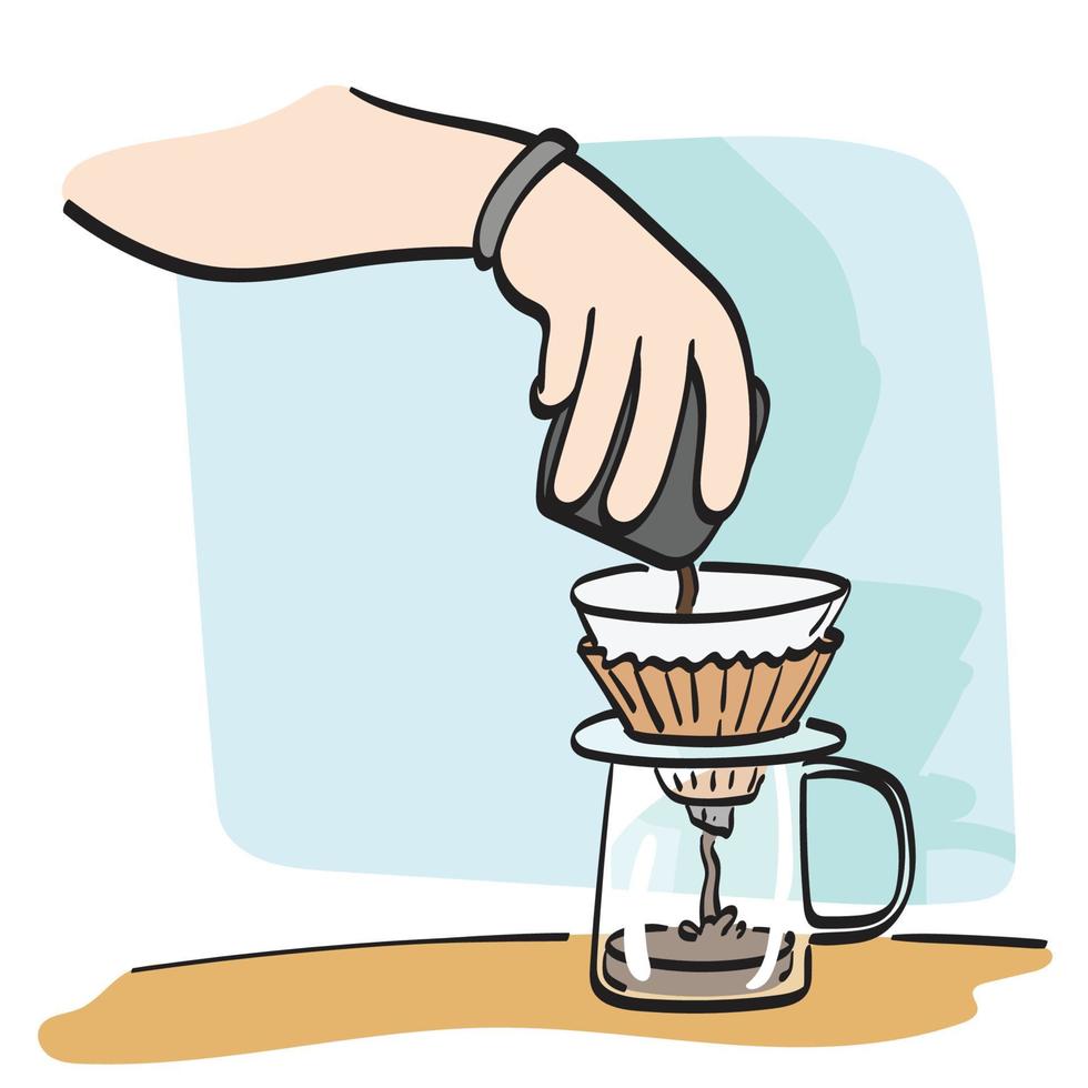 närbild hand framställning kaffe för droppande varm kaffe in i de kopp illustration vektor hand dragen isolerat på vit bakgrund linje konst.