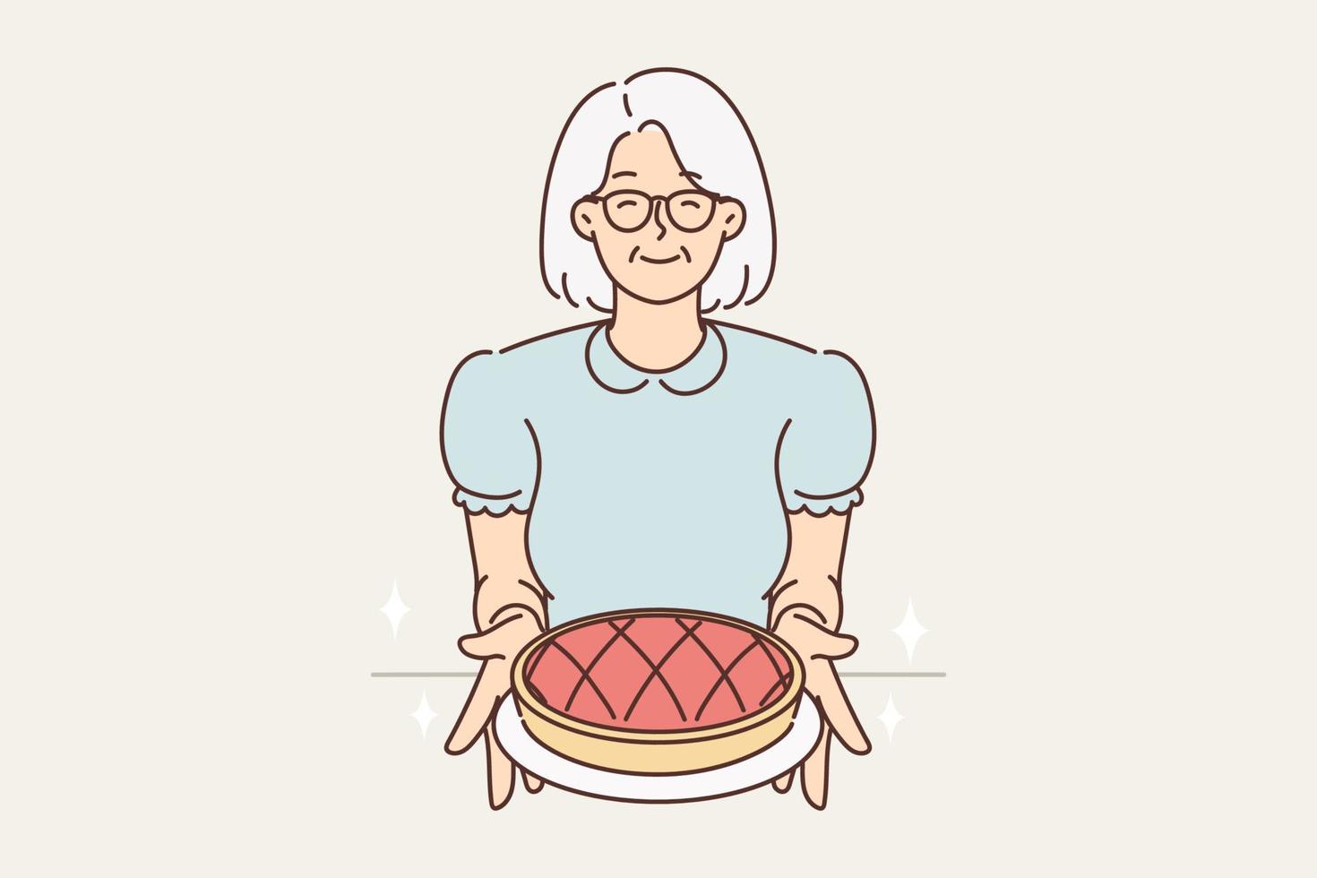 lächelnd älter Oma im Brille halt hausgemacht Kuchen im Hände. glücklich reifen Frau Angebot lecker Kuchen. Alten Hobby Konzept. Vektor Illustration.