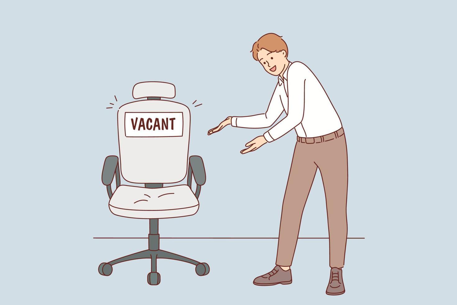 leende manlig arbetsgivare punkt på ledig kontor stol. Lycklig affärsman visa jobb vakans i företag. anställa och rekrytering. vektor illustration.