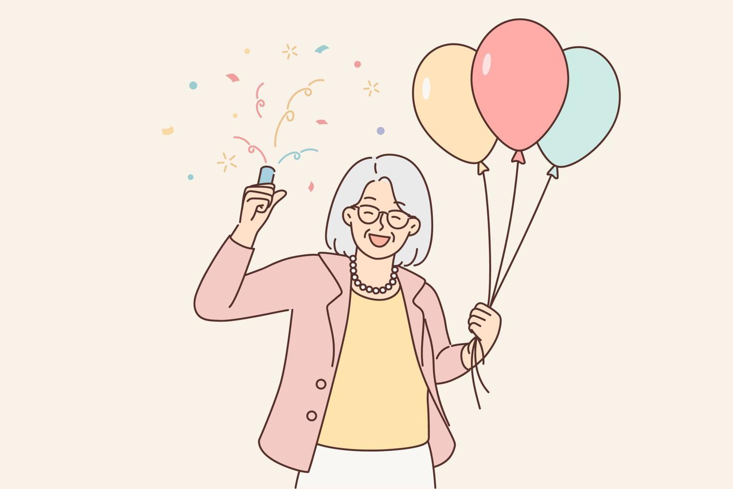 lycklig äldre kvinna med ballonger i händer fira födelsedag. leende åldrig mormor njut av årsdag känna positiv och optimistisk. vektor illustration.