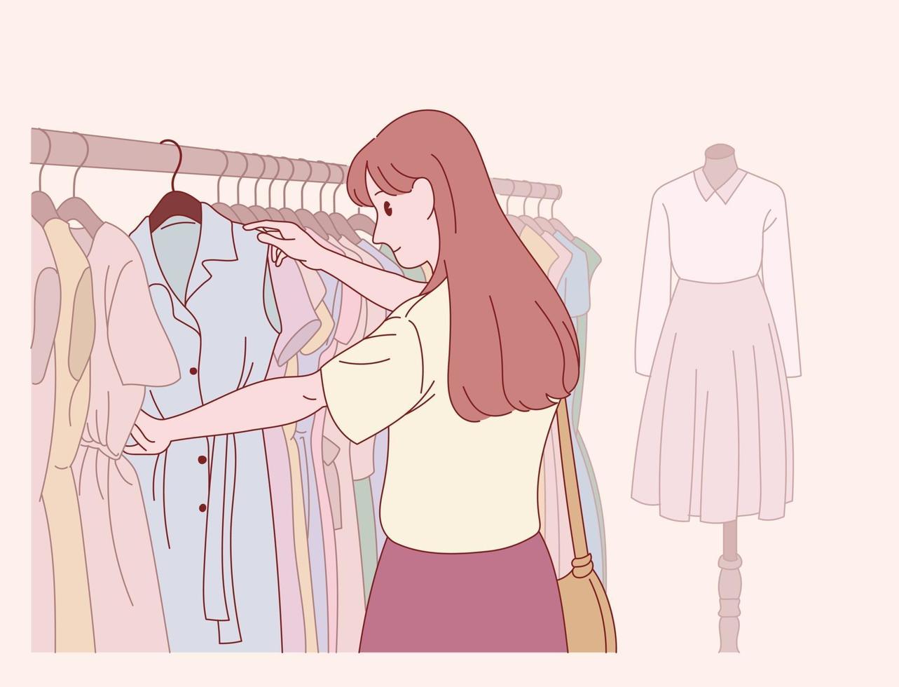 en kvinna väljer kläder i en klädaffär. vektor