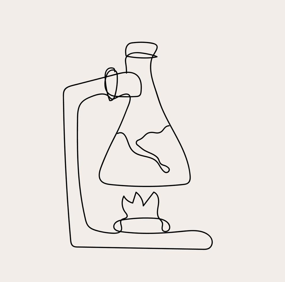minimalistisk kemi Utrustning linje konst, vetenskap översikt teckning, enkel skiss, flaska experimentera vektor