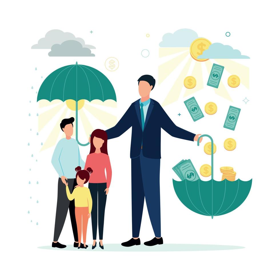 finansiera. vektor illustration av förtroende, förtroendeman tjänster. en man ryck ett paraply i ett hand, under som människor, i de Övrig hand de paraply är vände sig ner, räkningar och mynt är hällde in i honom