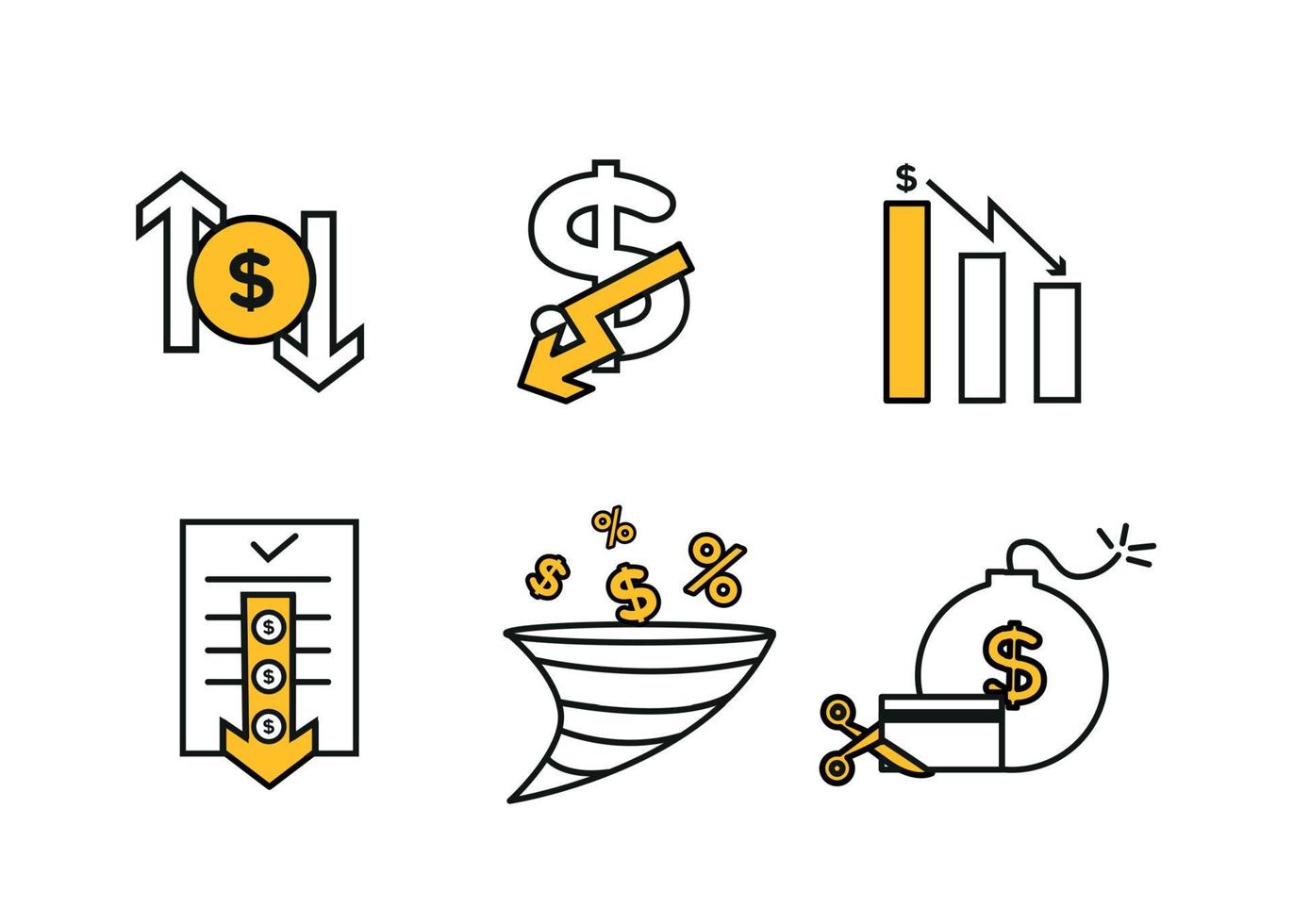 Finanzen Symbole Satz. Vektor Illustration von Abwertung, Standard. das Dollar Symbol auf welche das Nieder Pfeil. Dollar Symbol im ein runden rahmen, auf das Seiten von welche Dort sind oben und Nieder Pfeile.